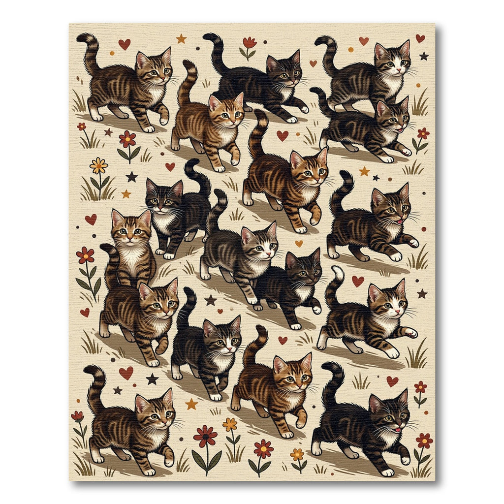 Whimsical Tabby Kitten Botanical Cream Rug