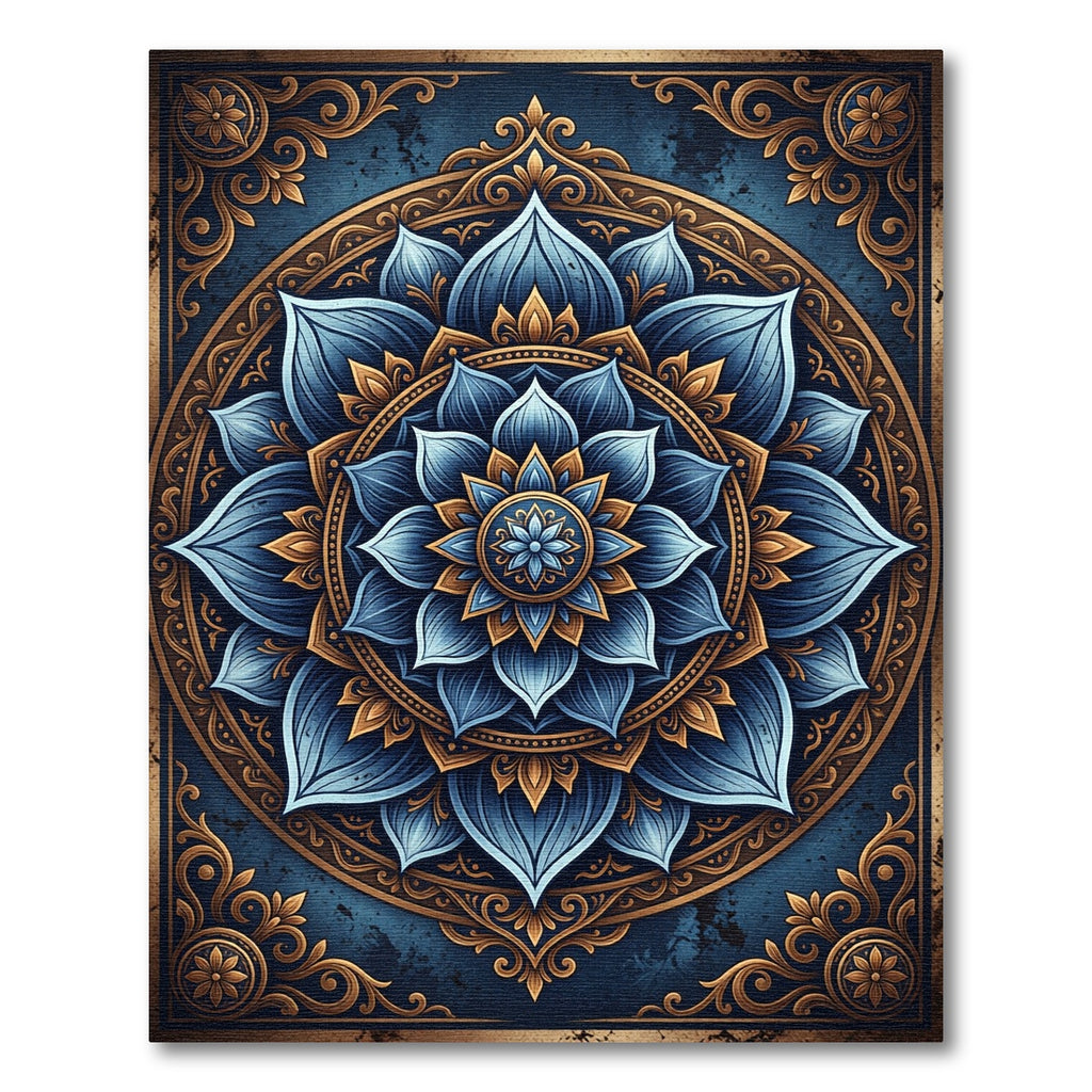Elegant Navy Blue Floral Lotus Mandala Rug