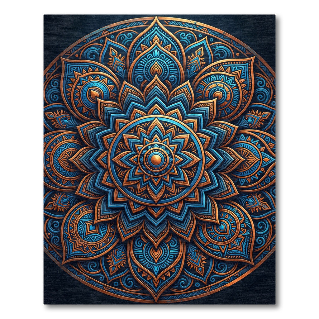 Intricate Golden Blue Lotus Mandala Rug