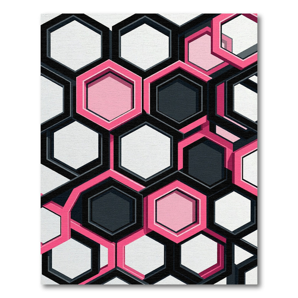 Modern Pink and Black Geometric Hexagon Rug