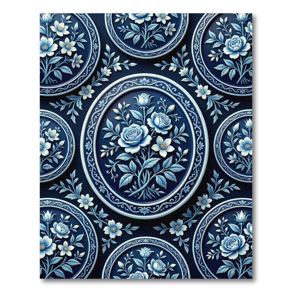 Classic Blue White Floral Oval Medallion Rug