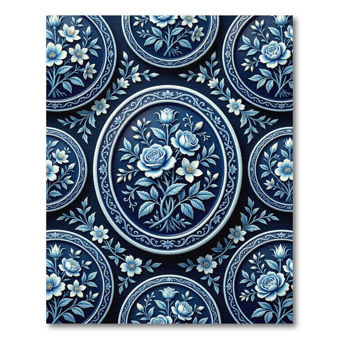 Classic Blue White Floral Oval Medallion Rug