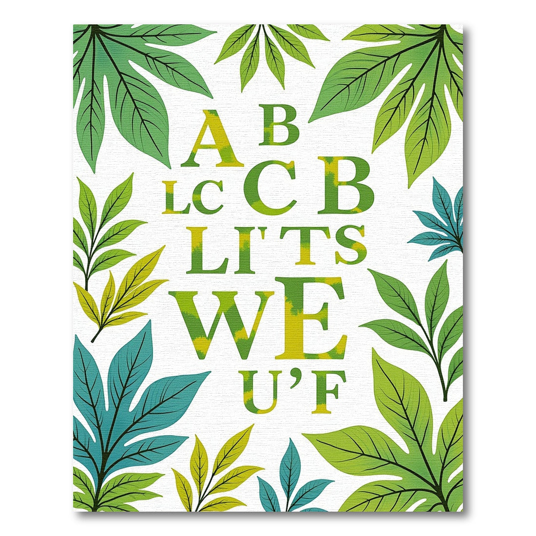 Tropical Green Leaf Alphabet Arrangement Rug