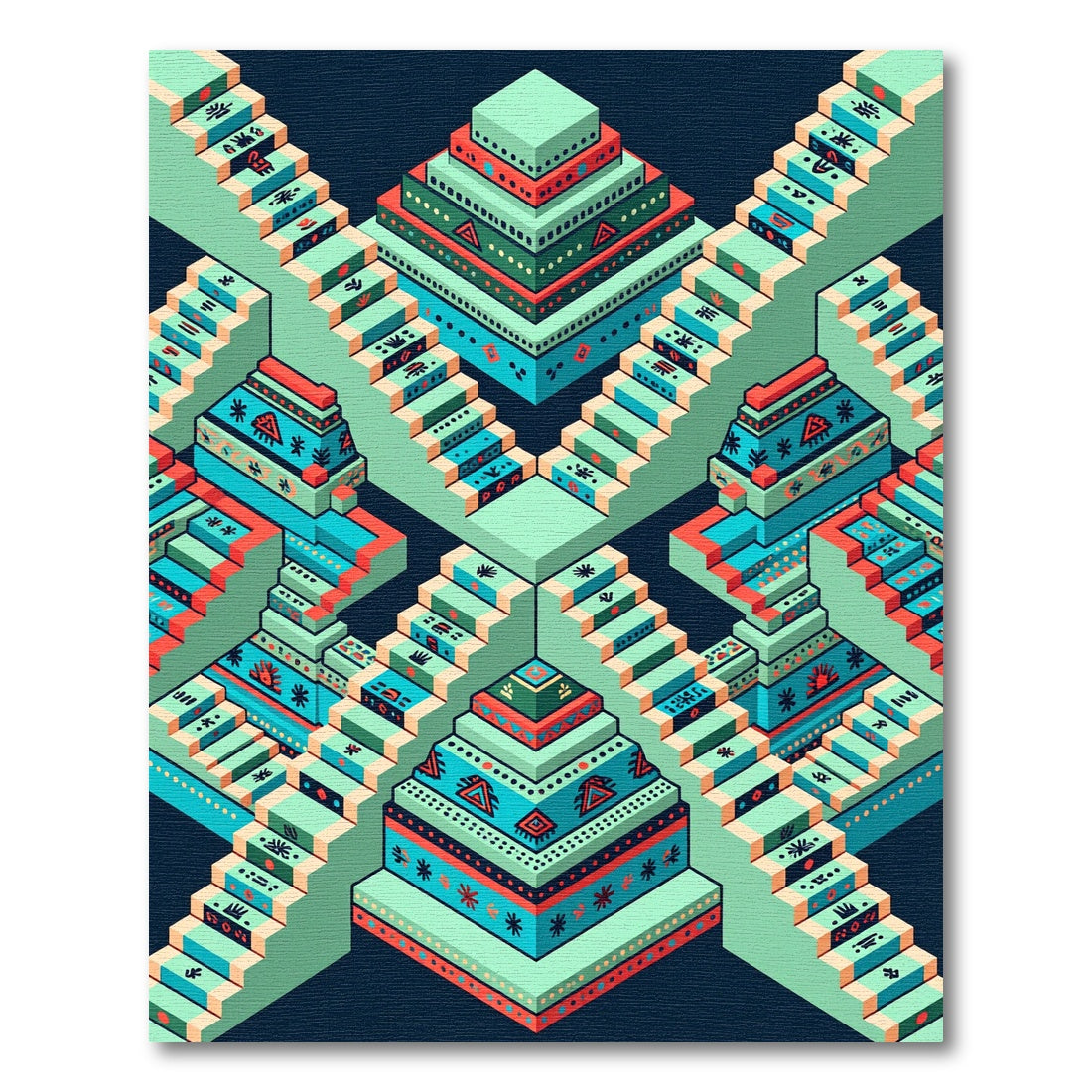 Geometric Terracotta Turquoise Staircase Rug