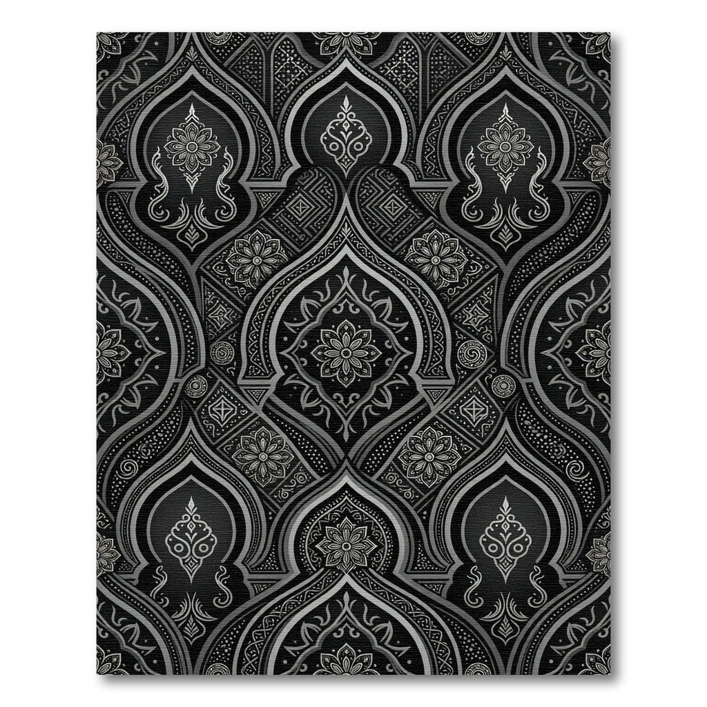 Intricate Black and Silver Floral Arches Rug