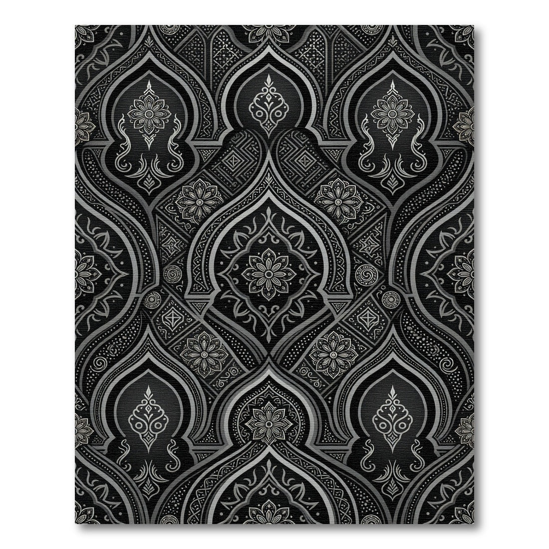 Intricate Black and Silver Floral Arches Rug