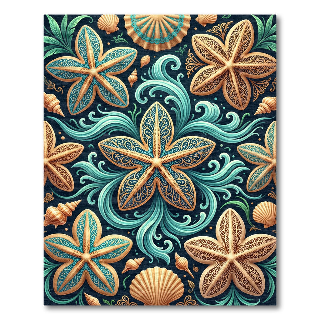 Golden Starfish Aqua Waves Seashell Medallion Rug