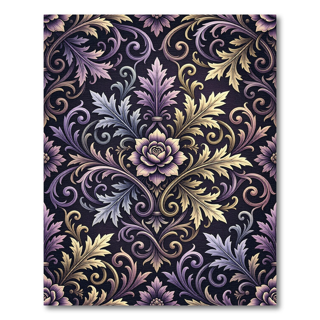 Ornate Purple and Gold Damask Swirl Rug