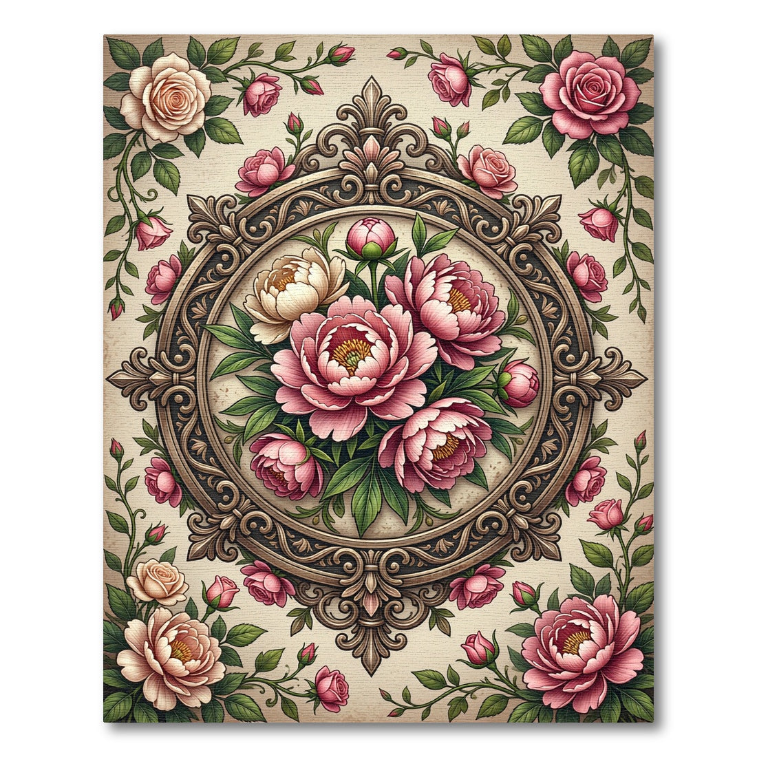 Elegant Vintage Pink Peony Medallion Rug