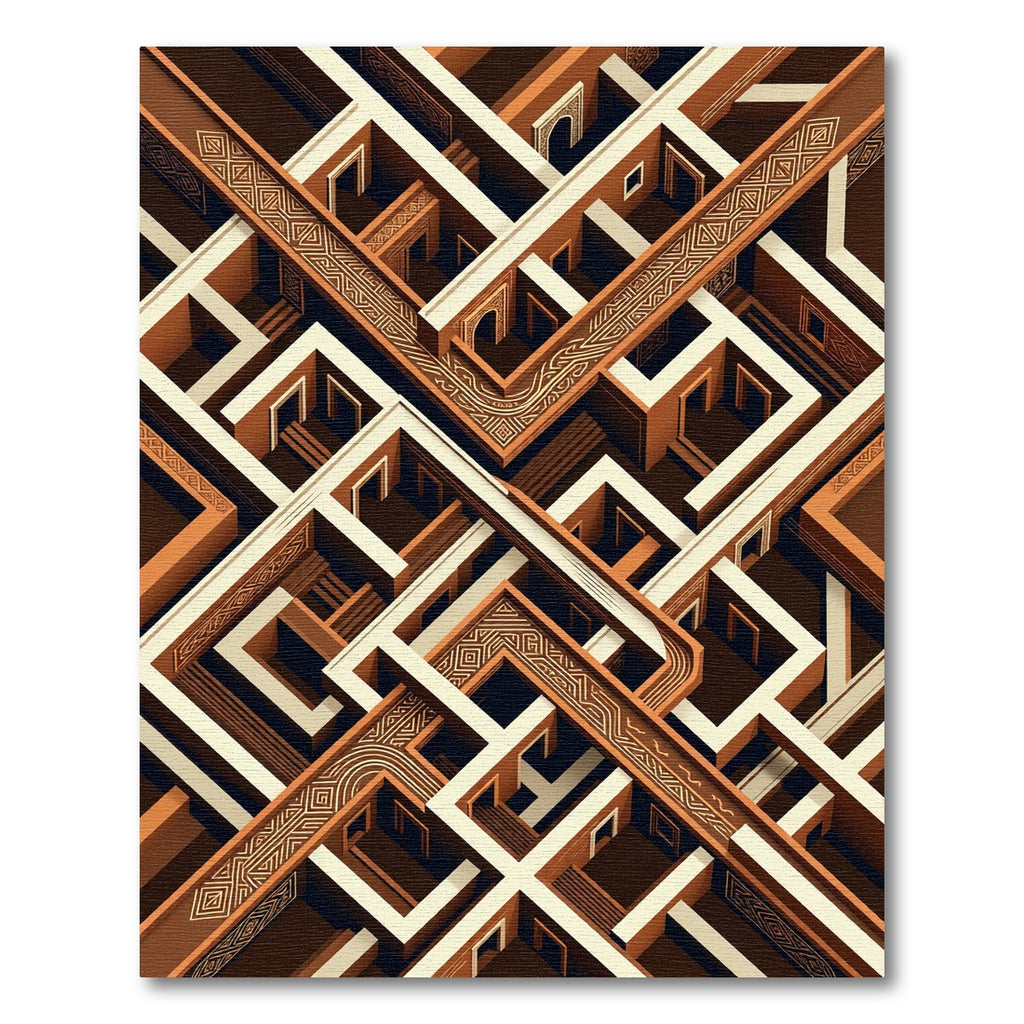 Abstract Terracotta Geometric Isometric Maze Rug