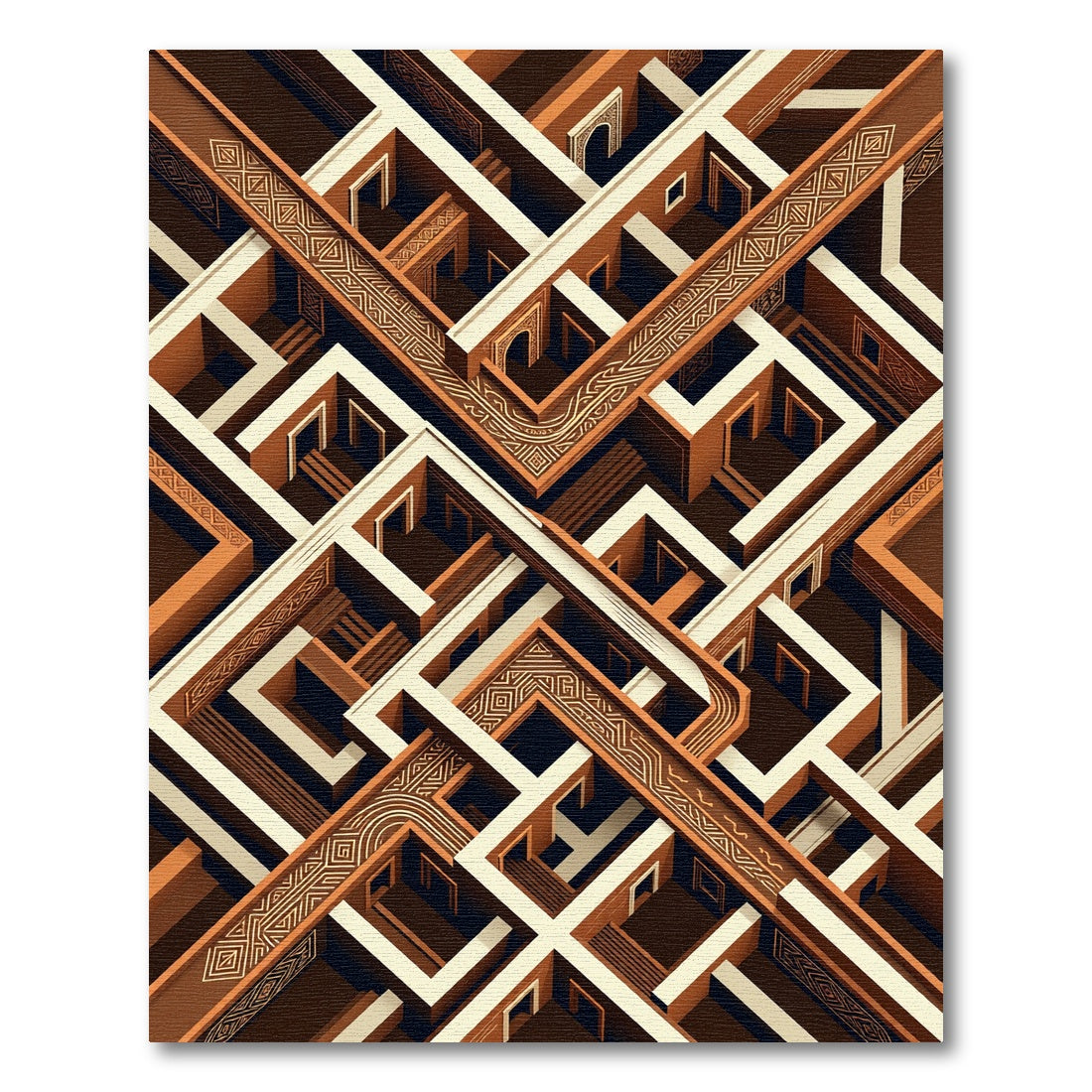 Abstract Terracotta Geometric Isometric Maze Rug