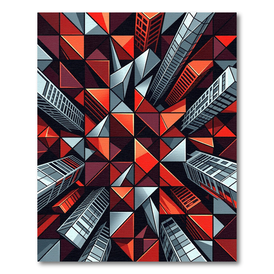 Geometric Red Cityscape Towers Rug
