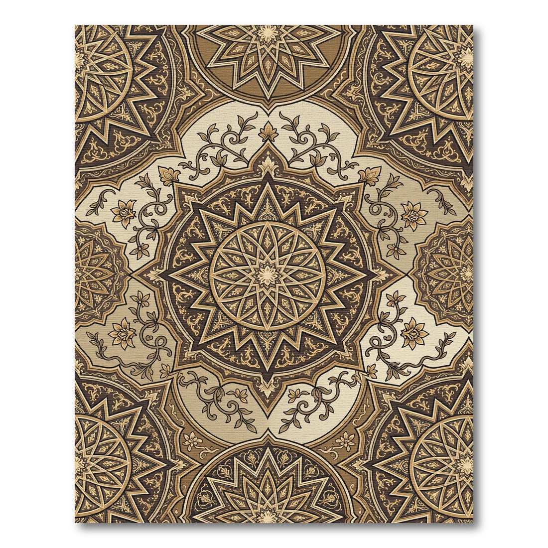 Ornate Brown Gold Medallion Foliage Rug