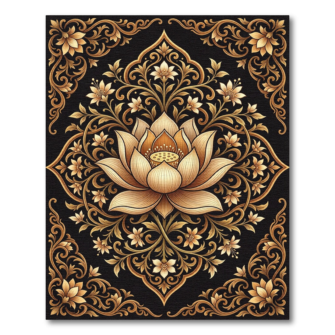 Golden Lotus Floral Detailed Ornament Rug
