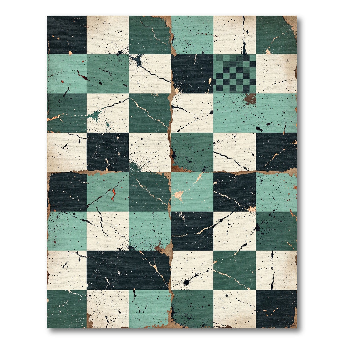 Green Black Cream Checkered Splatter Rug
