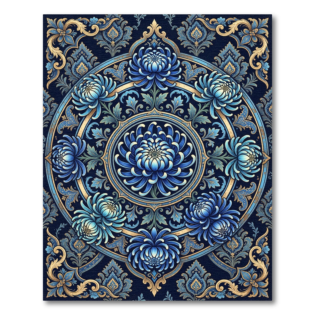 Midnight Blue Floral Medallion Scroll Rug