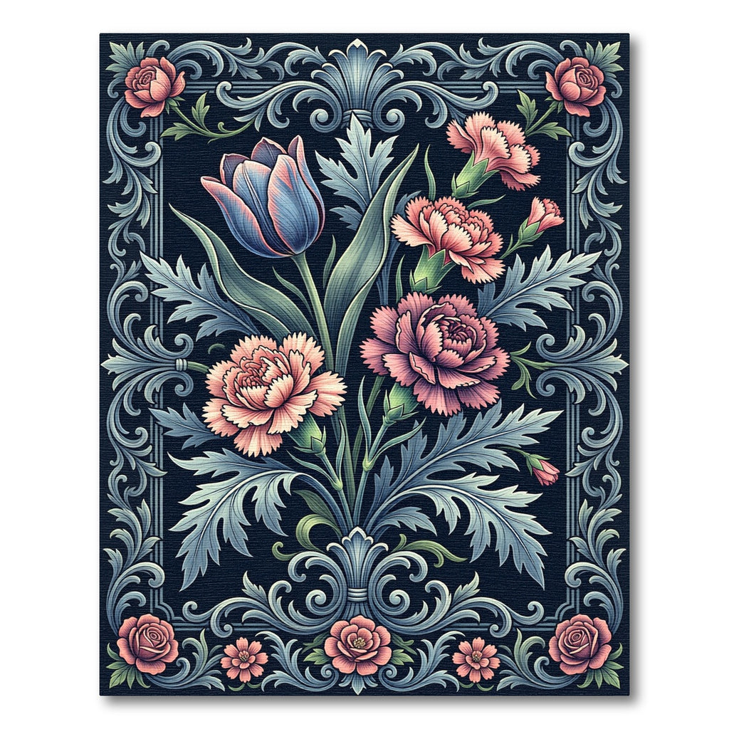 Elegant Floral Bouquet Ornate Dark Rug