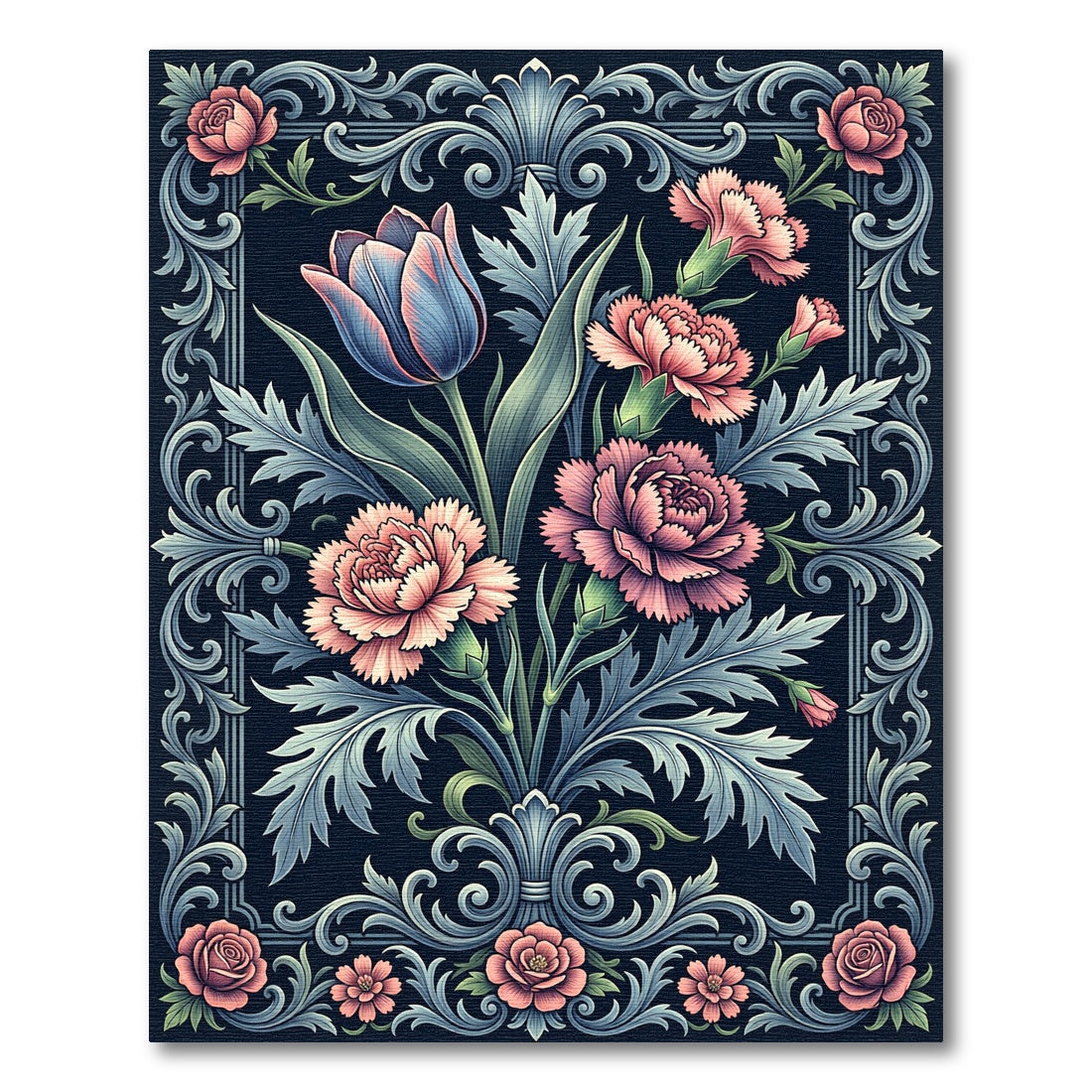 Elegant Floral Bouquet Ornate Dark Rug