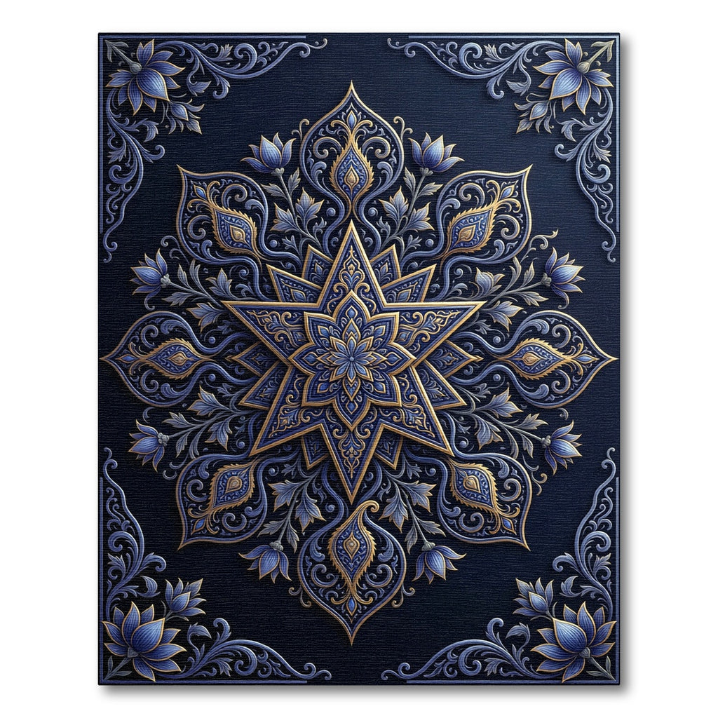 Ornate Blue and Gold Floral Mandala Rug