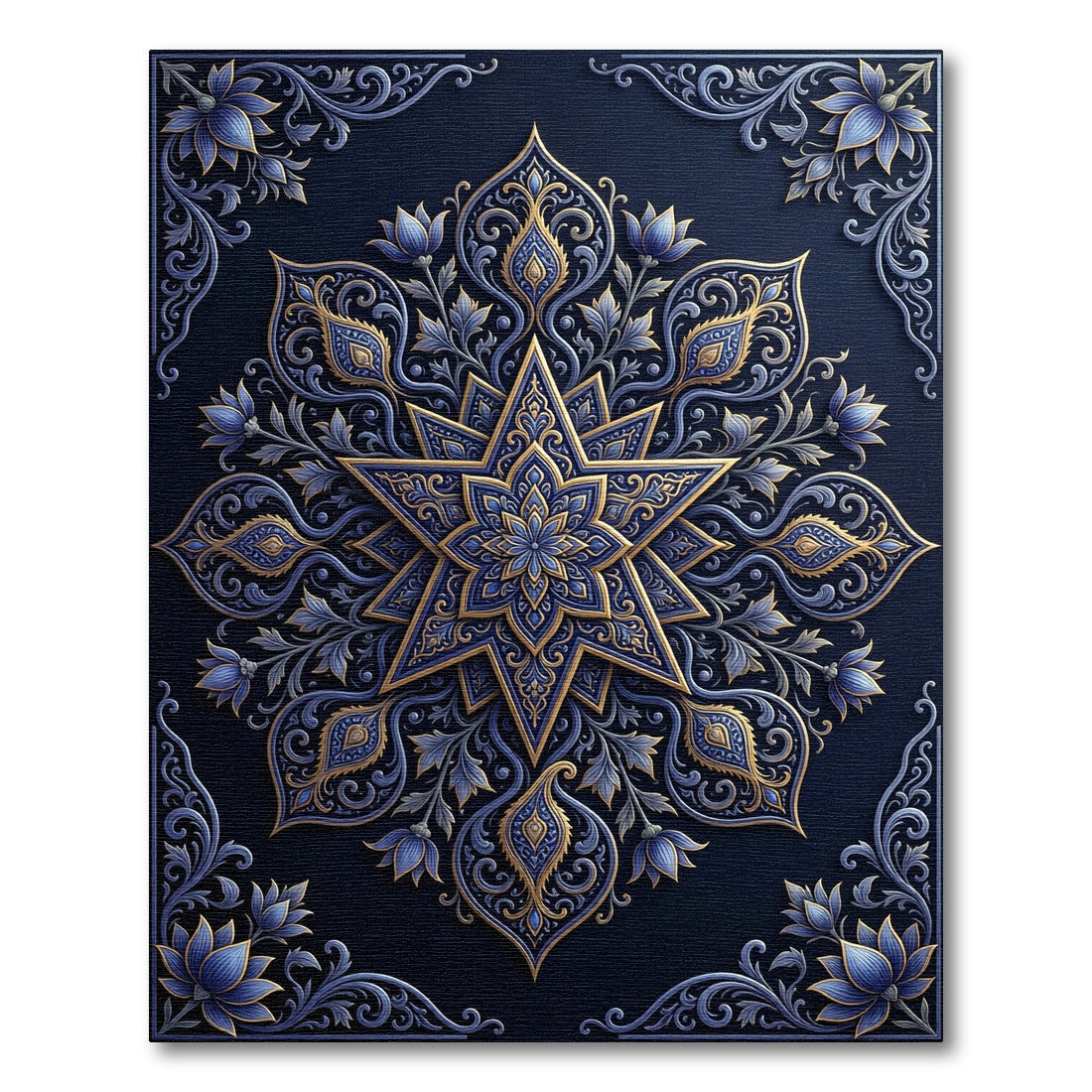 Ornate Blue and Gold Floral Mandala Rug