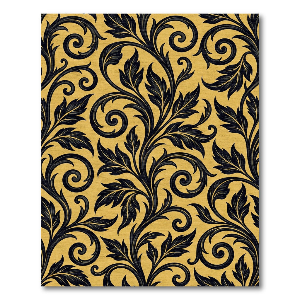Dark Swirling Floral Vines Yellow Background Rug