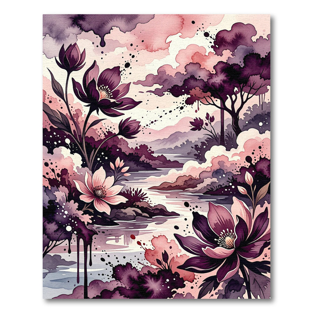 Watercolor Plum Floral River Landscape Rug