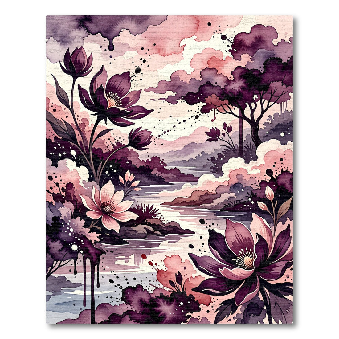 Watercolor Plum Floral River Landscape Rug