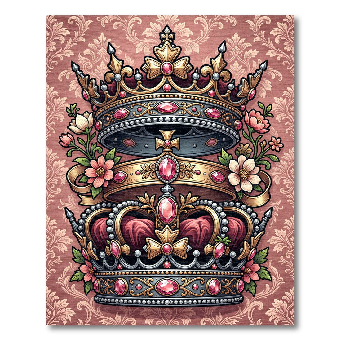 Rose Gold Crown Jeweled Floral Medallion Rug