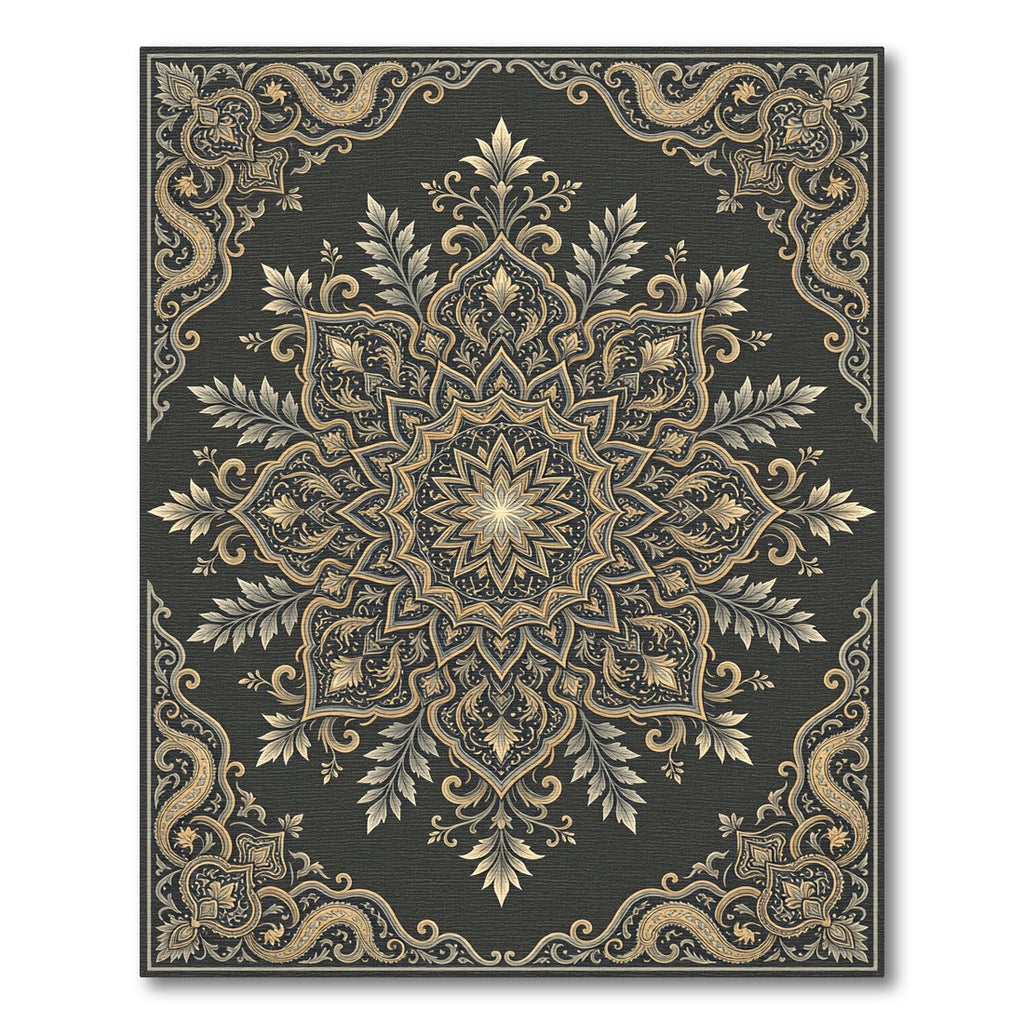 Sophisticated Charcoal Gold Filigree Medallion Rug