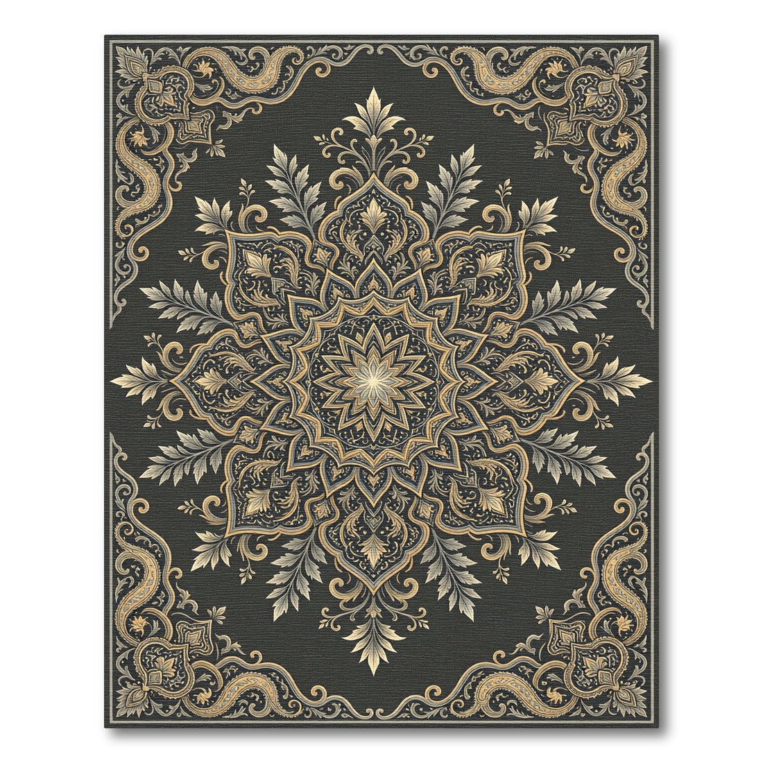 Sophisticated Charcoal Gold Filigree Medallion Rug