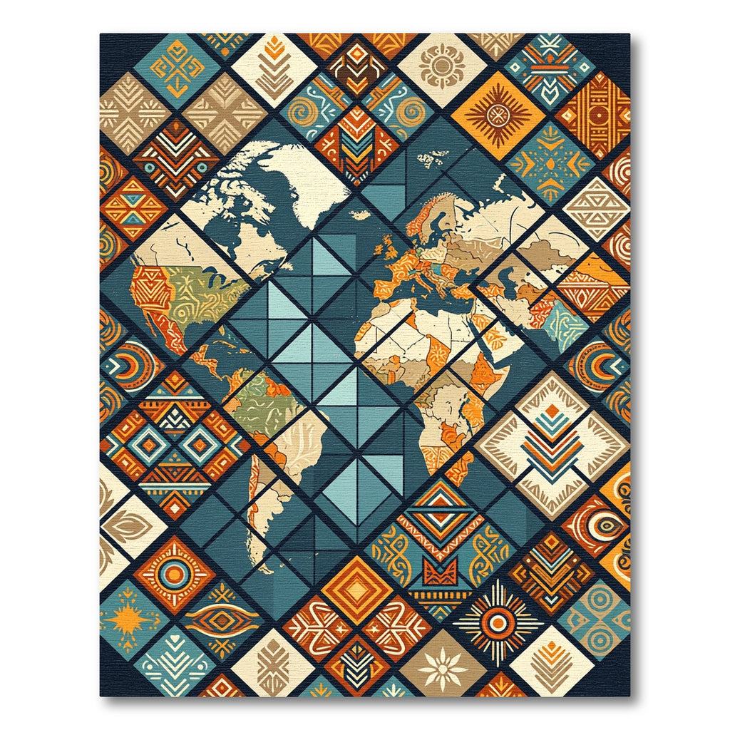 World Map Tribal Geometric Patchwork Rug