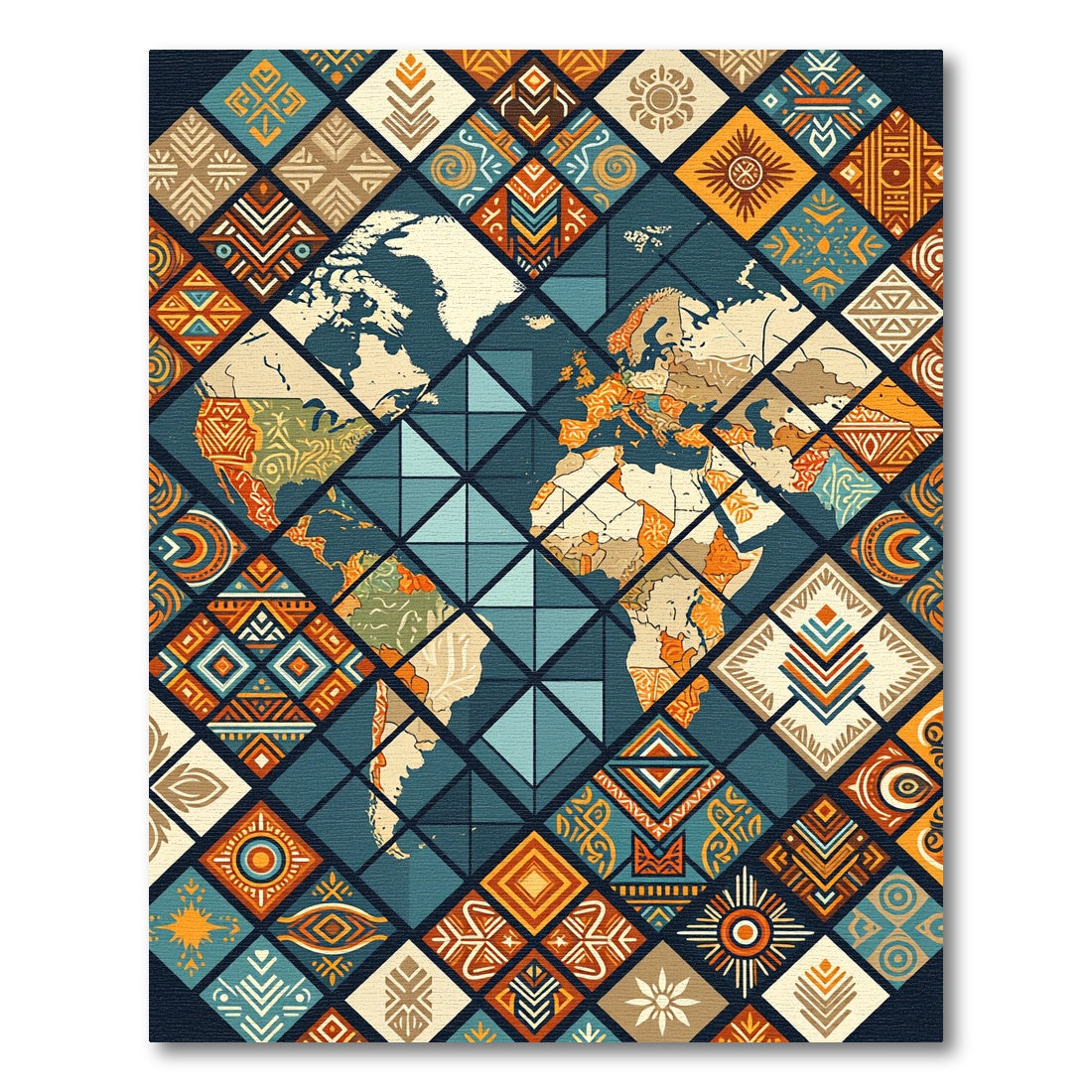 World Map Tribal Geometric Patchwork Rug