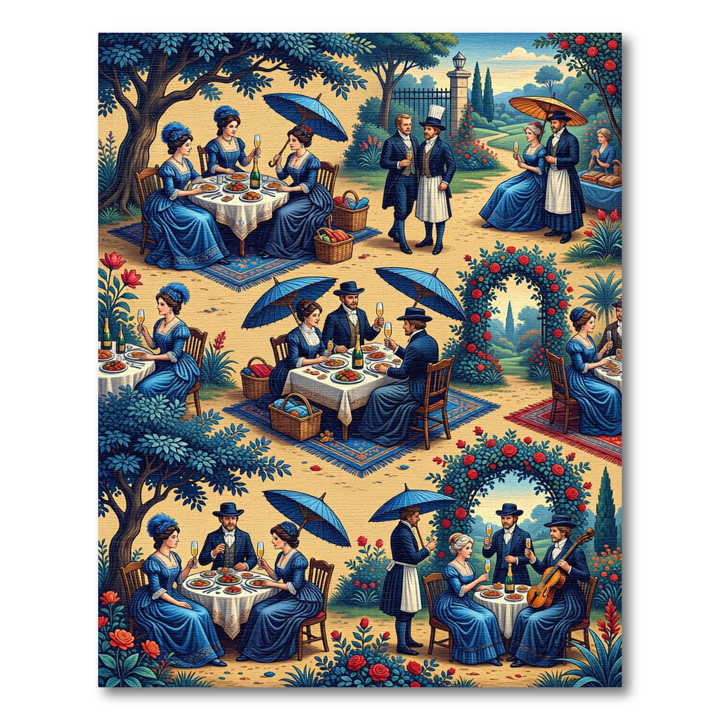 Blue Victorian Garden Picnic Illustration Rug