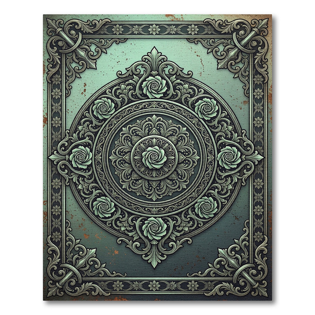 Ornate Sage Teal Floral Medallion Rug