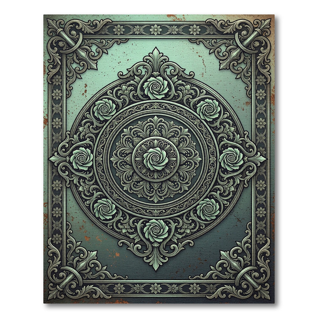 Ornate Sage Teal Floral Medallion Rug