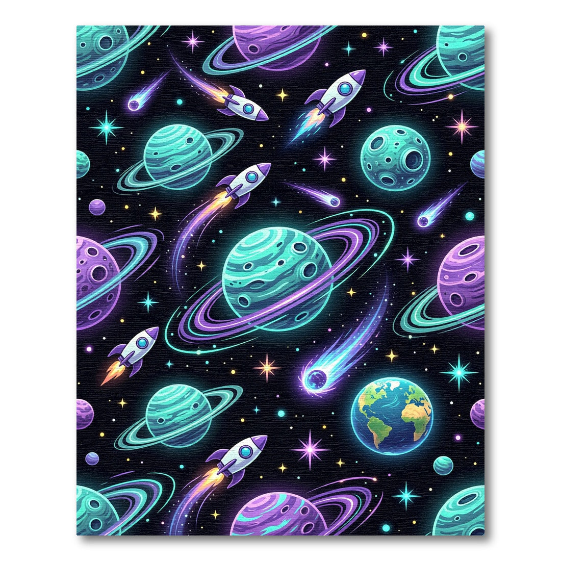 Vibrant Neon Galactic Planet Space Rug