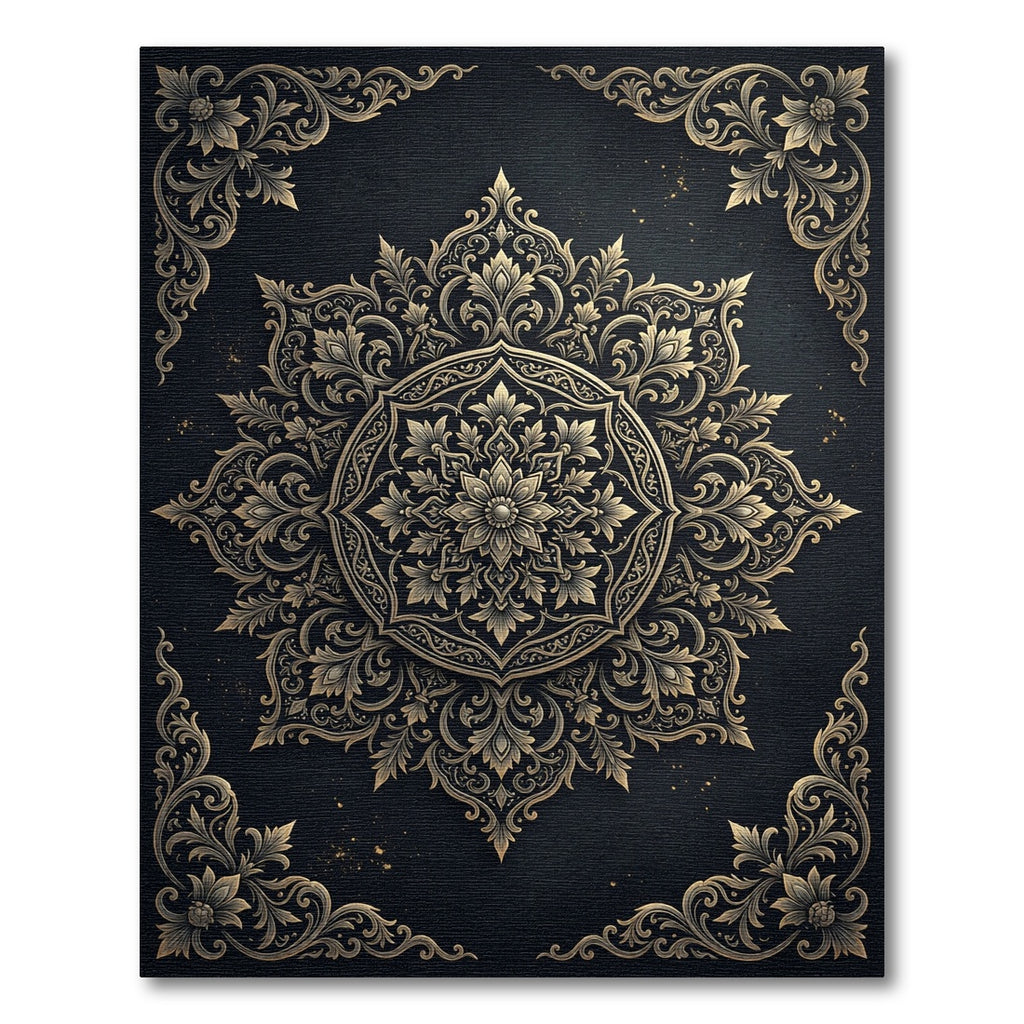 Ornate Golden Filigree Floral Medallion Rug