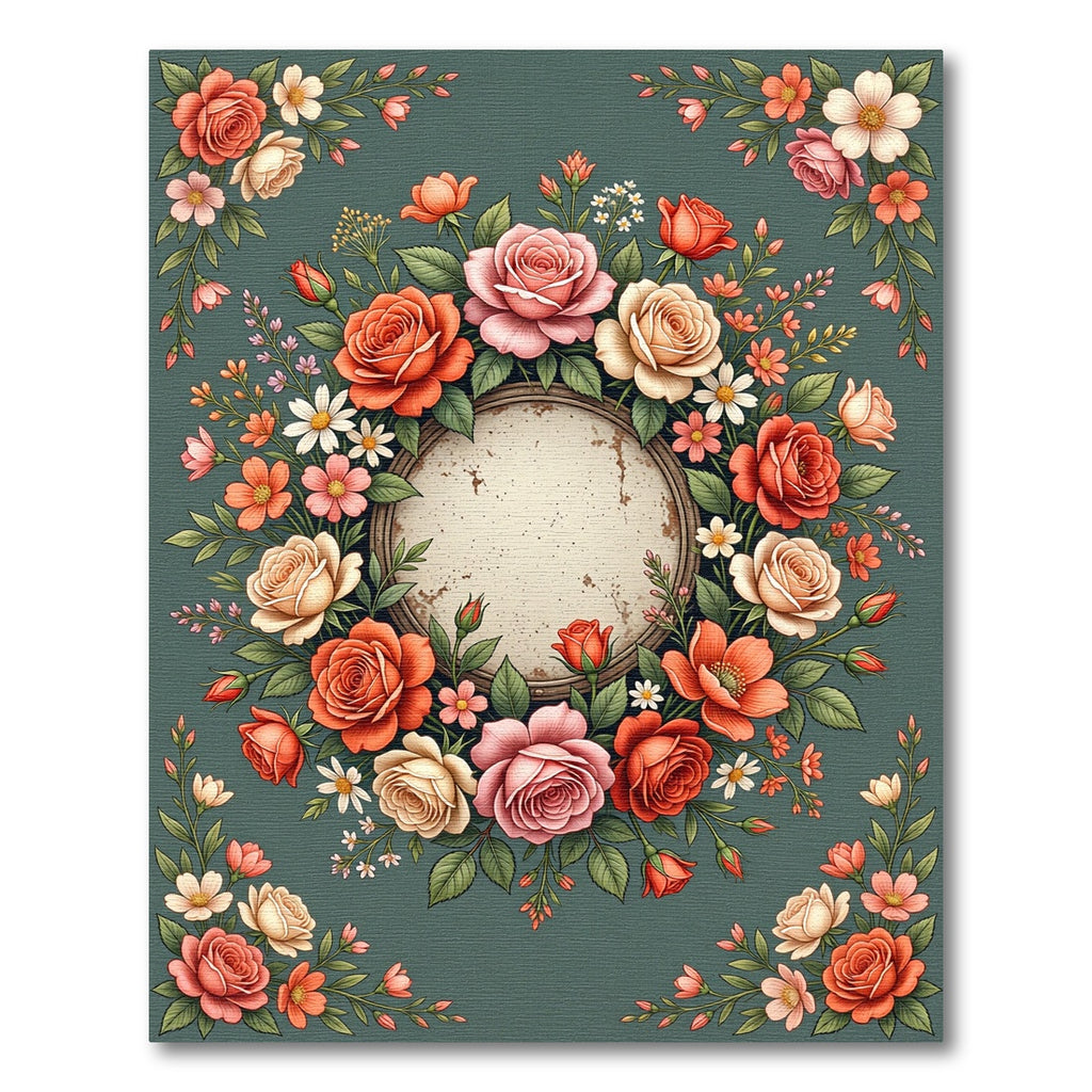 Elegant Floral Rose Wreath Medallion Rug