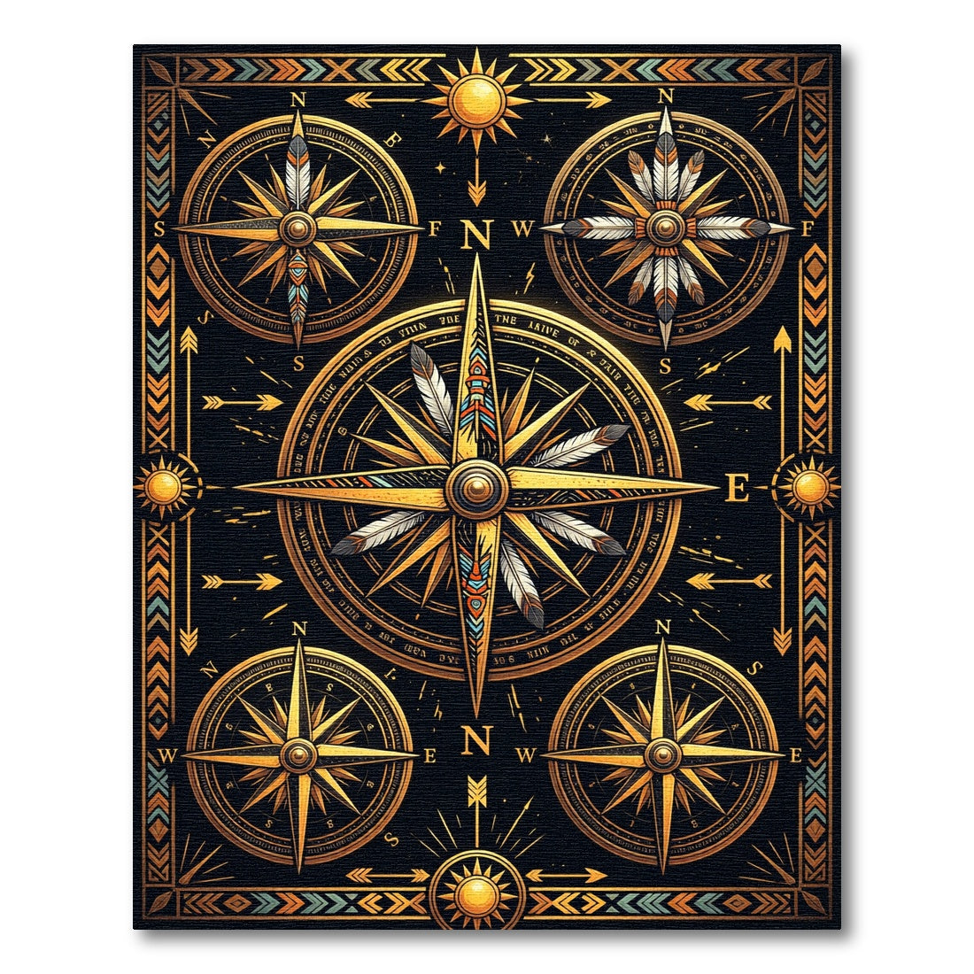 Golden Celestial Compass Boho Art Rug