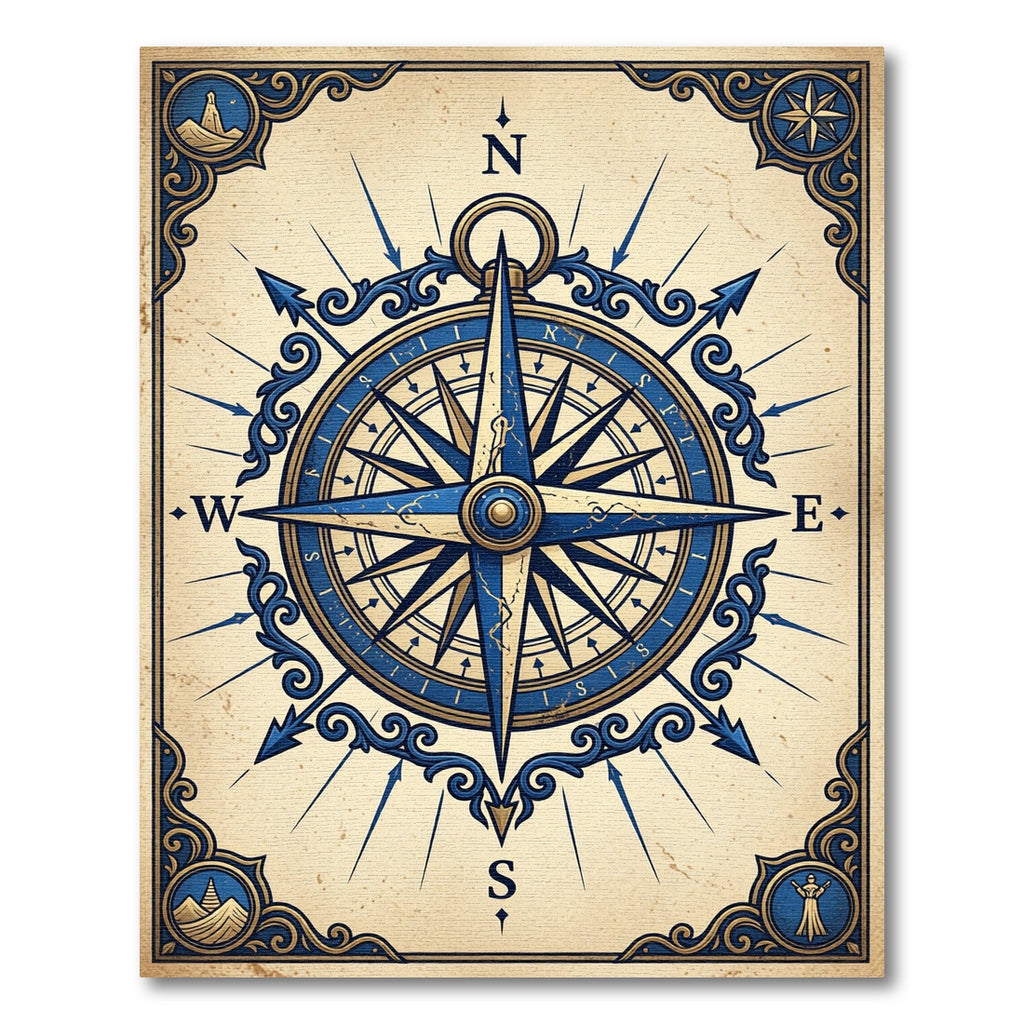Antique Blue Compass Rose Nautical Rug