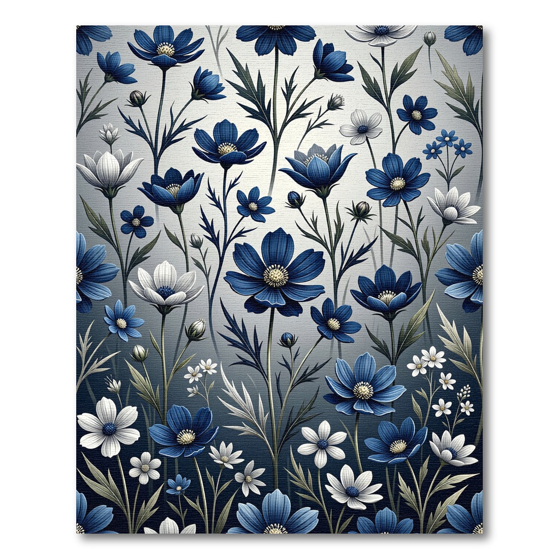 Elegant Indigo White Floral Botanical Rug
