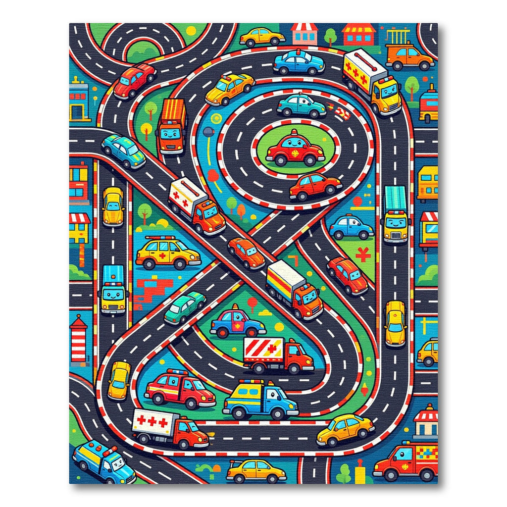 Colorful City Traffic Roadway Scene Rug