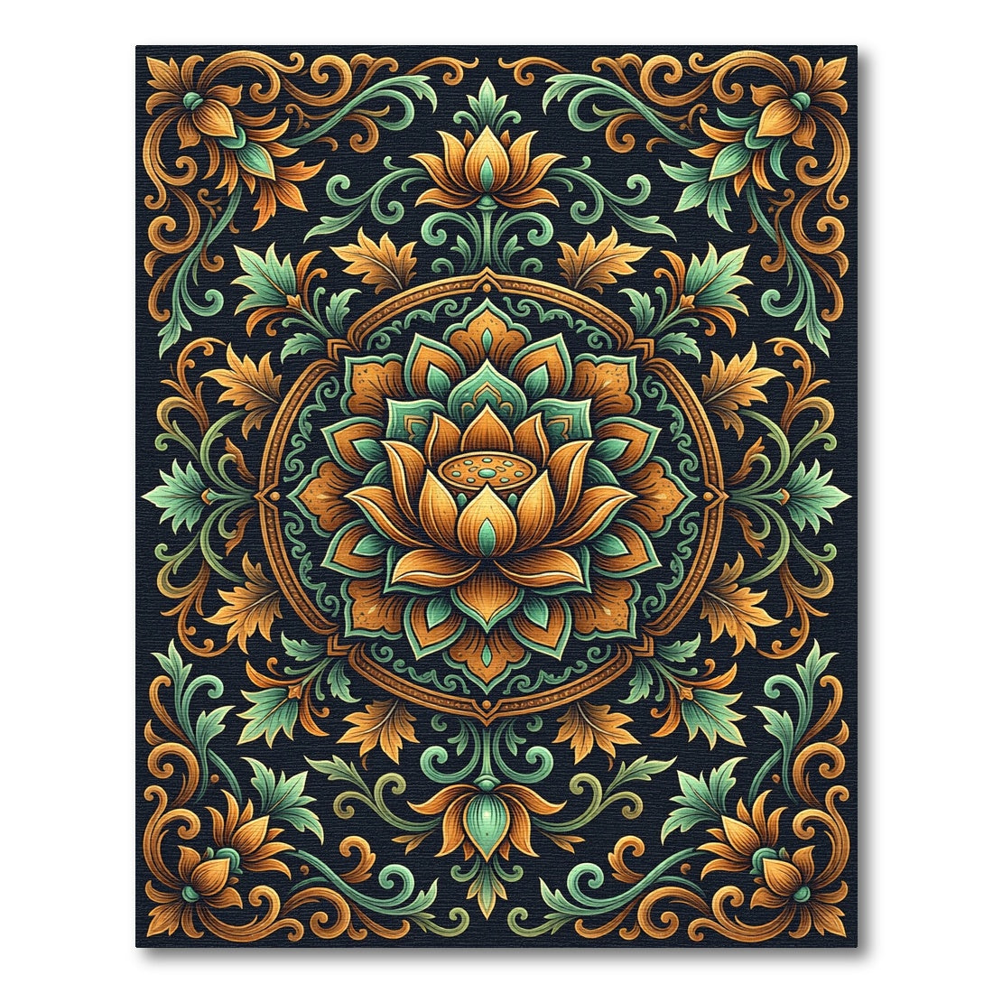 Ornate Emerald and Gold Lotus Medallion Rug