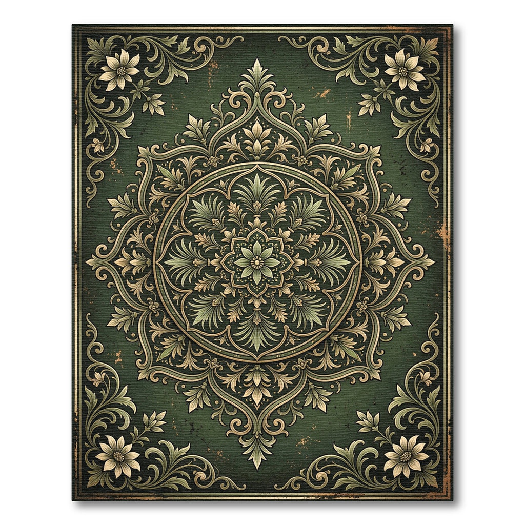 Dark Olive Ornate Floral Medallion Rug