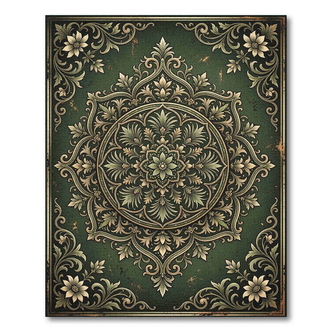 Dark Olive Ornate Floral Medallion Rug