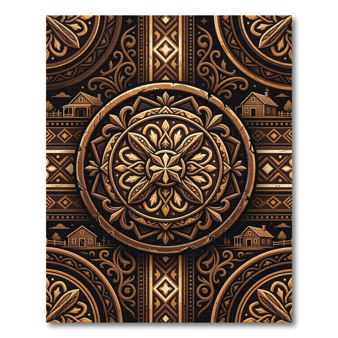 Bronze Ornamental Mandala Folk Cabin Rug