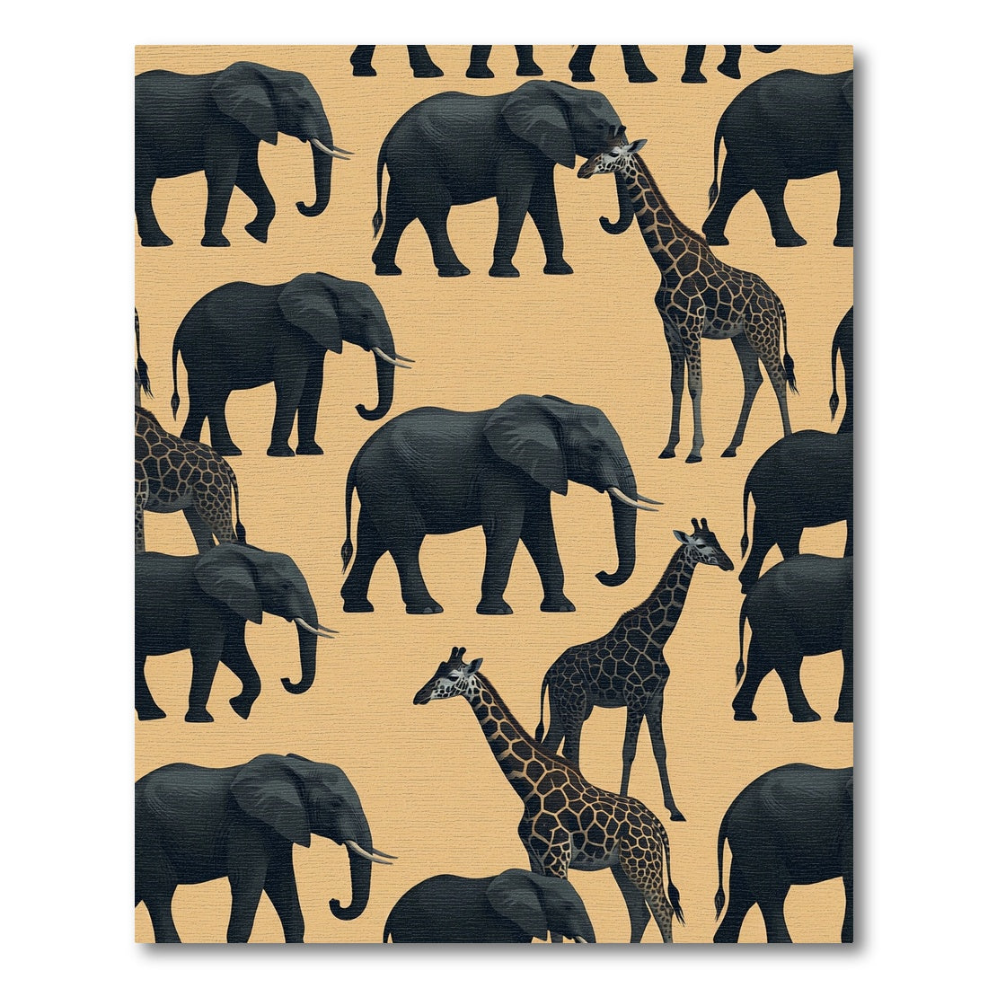 Black Savannah Elephant and Giraffe Illustration Rug