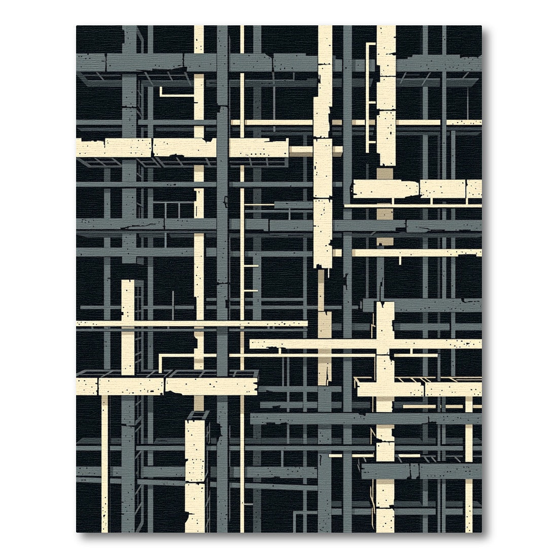 Abstract Brutalist Concrete Grid Black Cream Rug
