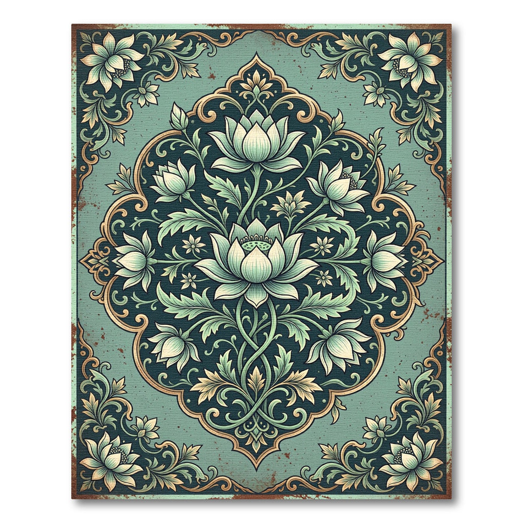 Ethereal Sage Lotus Medallion Floral Rug