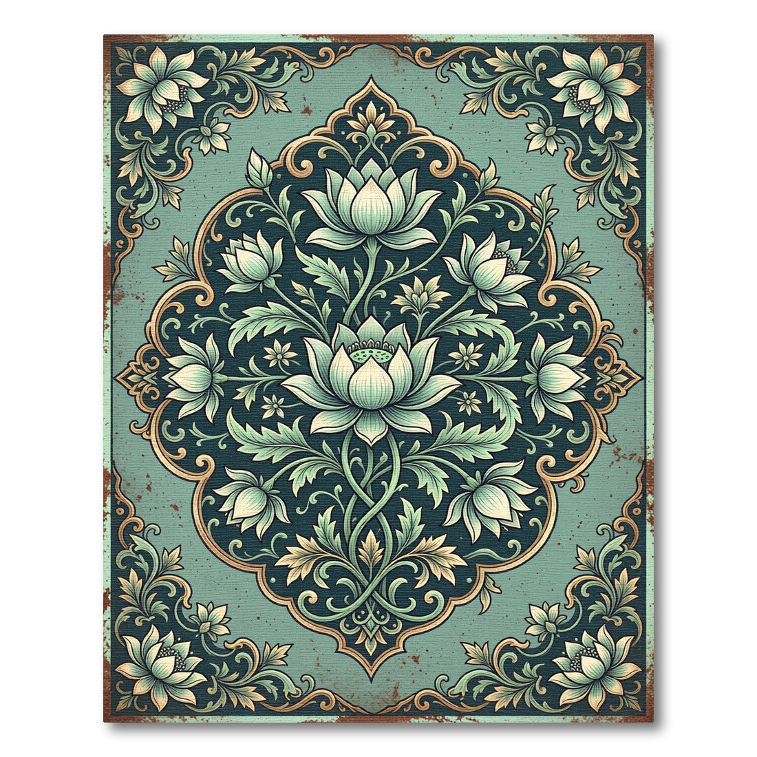 Ethereal Sage Lotus Medallion Floral Rug